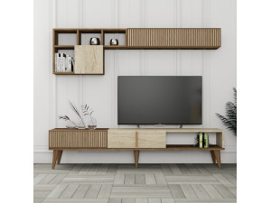 Houten TV-meubel "Milan" - 180 x 35 x 40 cm - Notelaar, Travertin 2