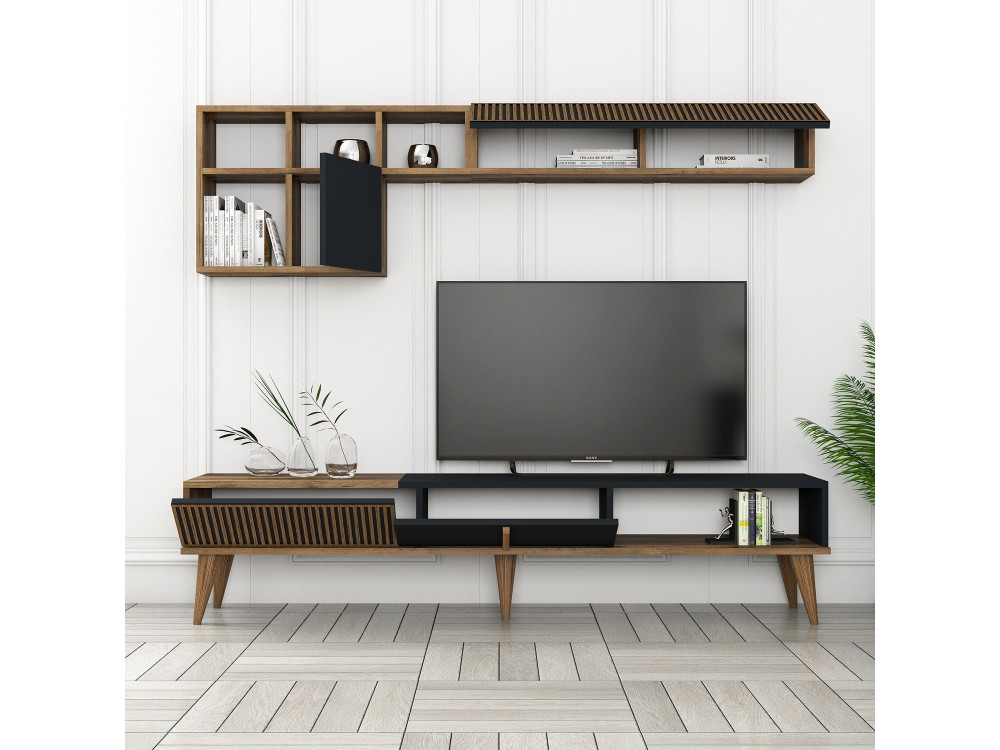 Houten TV-meubel "Milan" - 180 x 35 x 40 cm - Notelaar, Antraciet