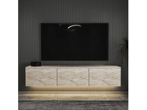 Houten wandhangend TV-meubel met "Neon illuminated" LED-verlichting - 160 x 32 x 35 cm - Travertin 2