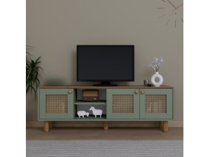 Bohemian" TV-meubel van hout en riet - 160 x 40 x 56 cm - Groen 2