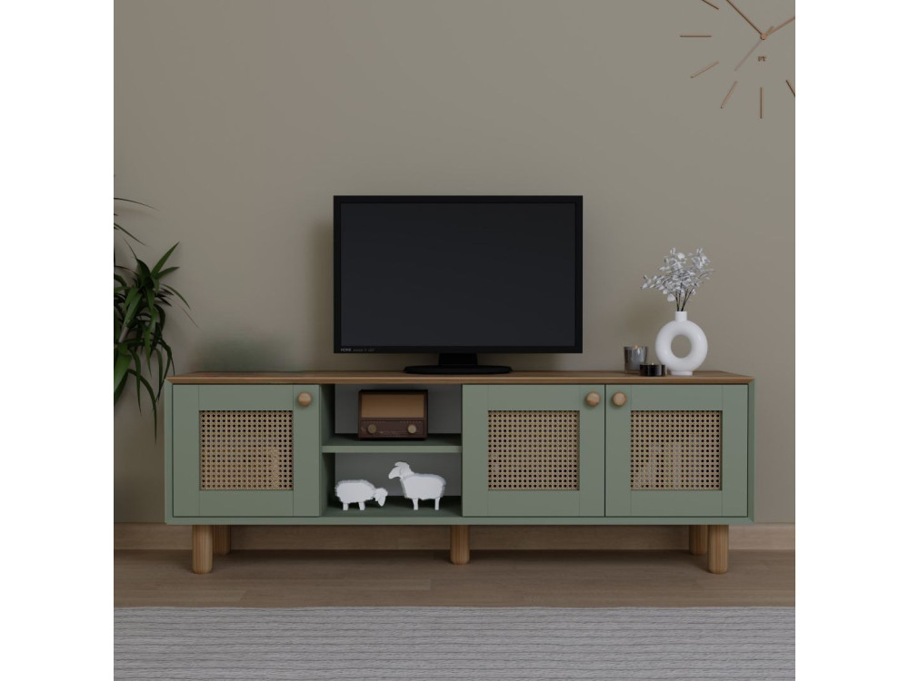 Bohemian" TV-meubel van hout en riet - 160 x 40 x 56 cm - Groen