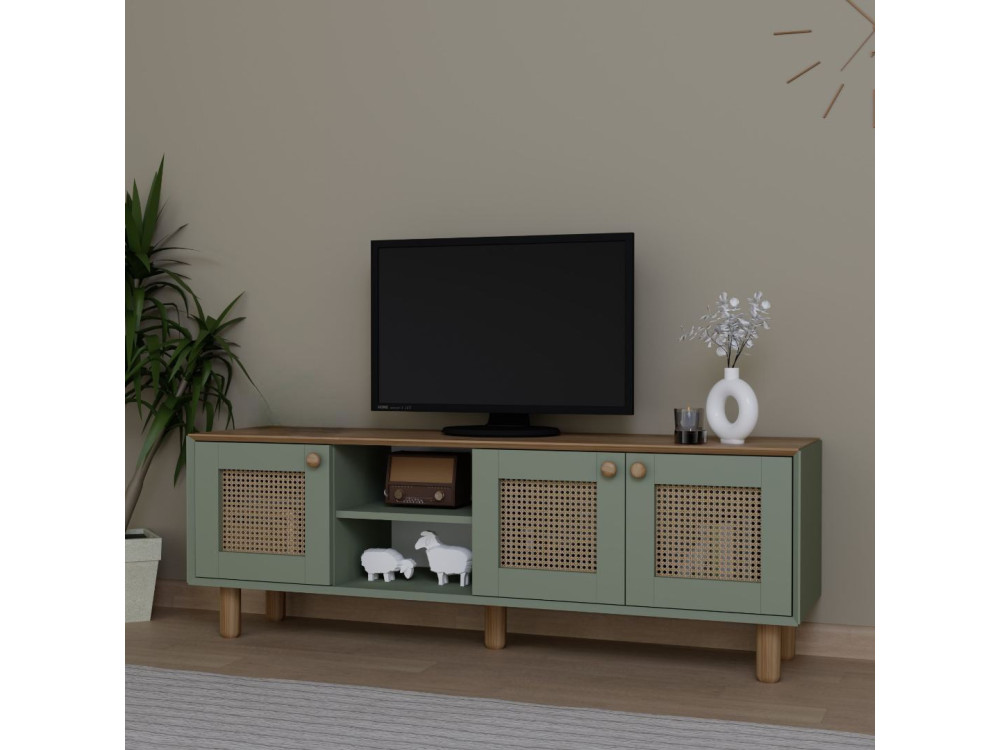 Bohemian" TV-meubel van hout en riet - 160 x 40 x 56 cm - Groen
