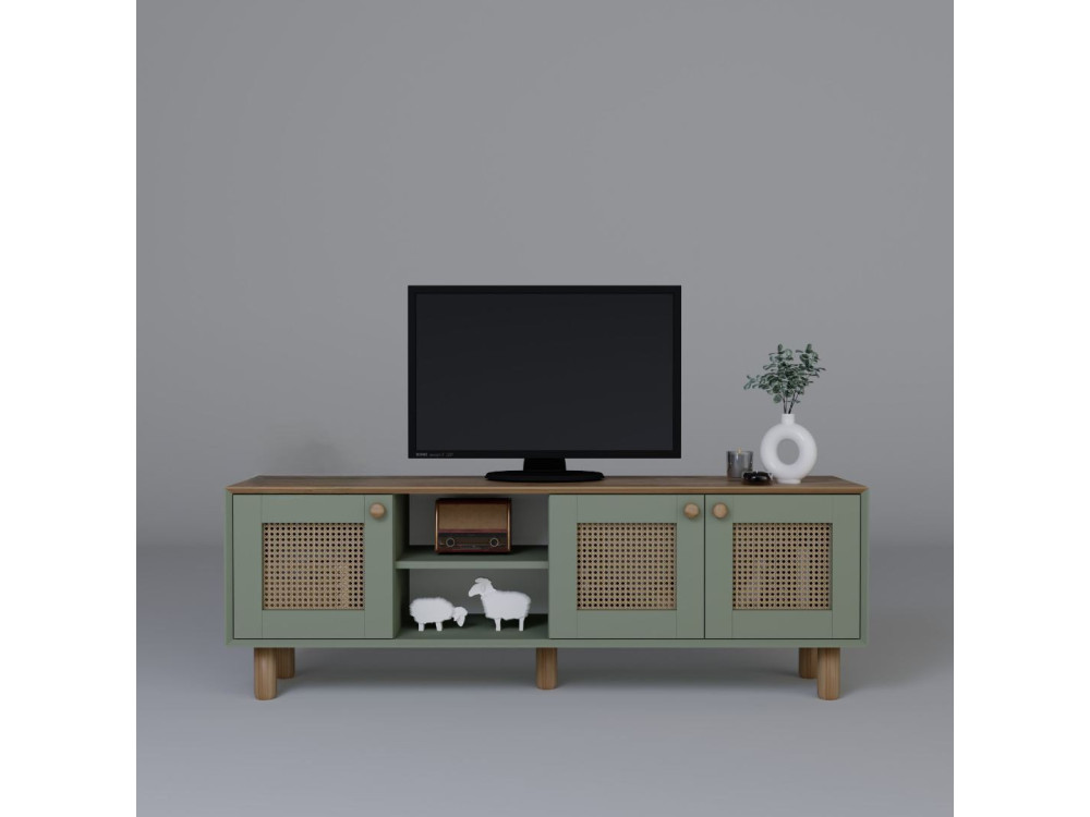 Bohemian" TV-meubel van hout en riet - 160 x 40 x 56 cm - Groen