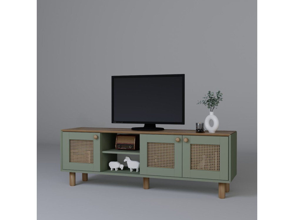 Bohemian" TV-meubel van hout en riet - 160 x 40 x 56 cm - Groen