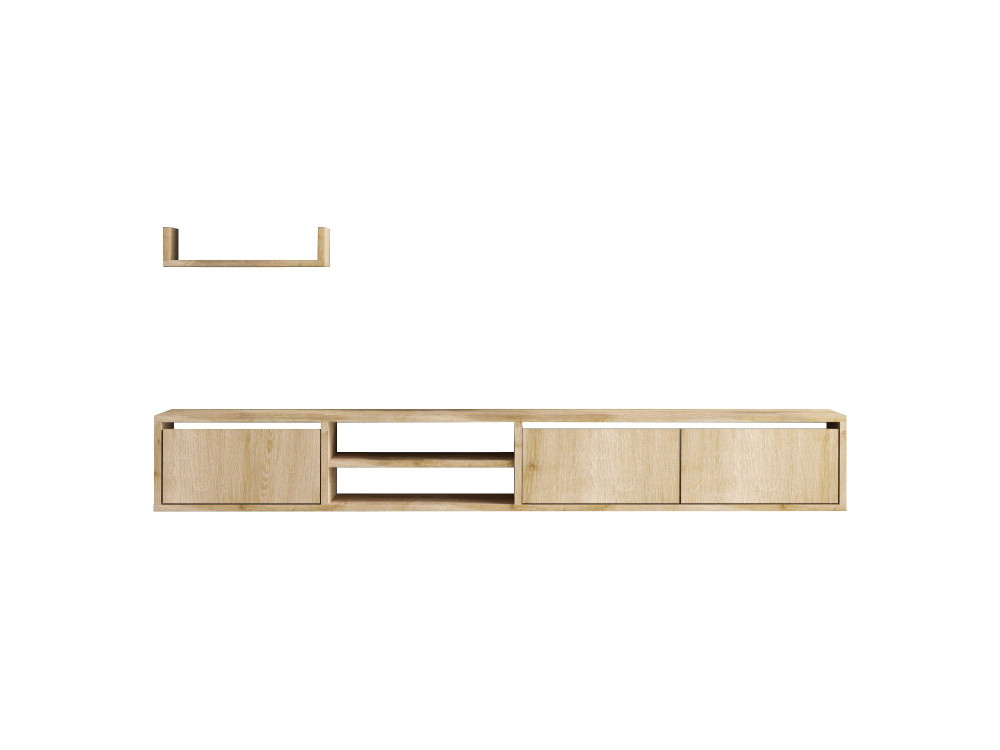Heka" wand TV-meubel met houten plank - 180 x 30 x 25 cm - Beige