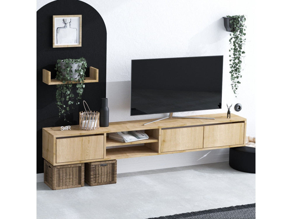 Heka" wand TV-meubel met houten plank - 180 x 30 x 25 cm - Beige