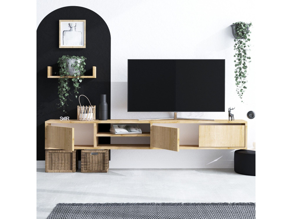 Heka" wand TV-meubel met houten plank - 180 x 30 x 25 cm - Beige