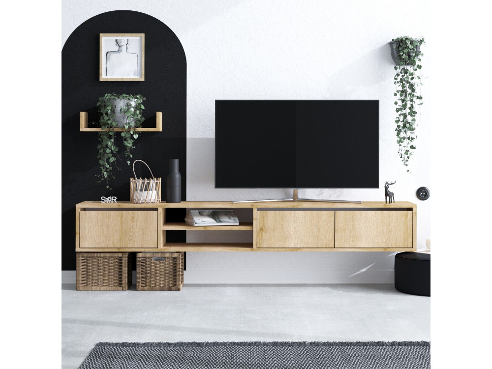 Heka" wand TV-meubel met houten plank - 180 x 30 x 25 cm - Beige
