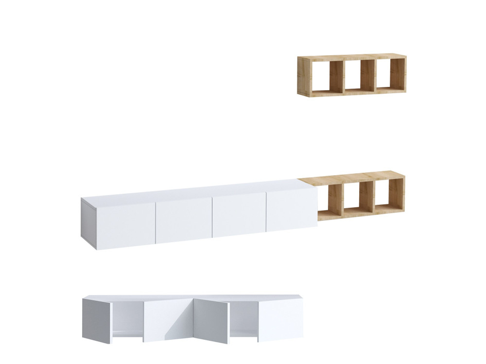 Tv-wandmeubel "Pia" met houten plank - 215 x 32 x 25 cm - Wit