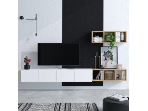 Tv-wandmeubel "Pia" met houten plank - 215 x 32 x 25 cm - Wit 2
