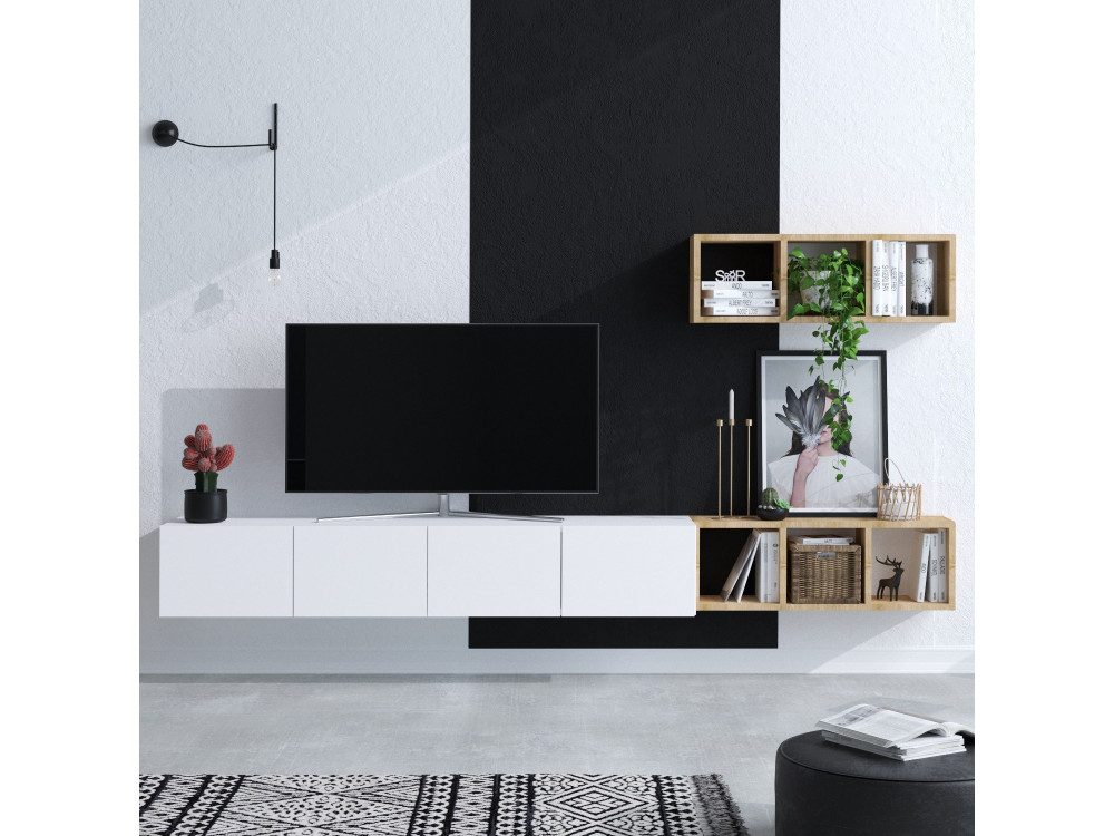 Tv-wandmeubel "Pia" met houten plank - 215 x 32 x 25 cm - Wit