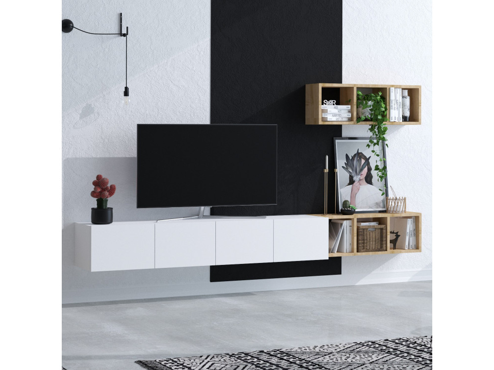 Tv-wandmeubel "Pia" met houten plank - 215 x 32 x 25 cm - Wit