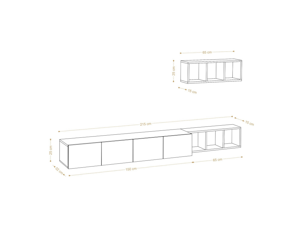 Tv-wandmeubel "Pia" met houten plank - 215 x 32 x 25 cm - Wit