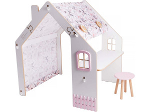 Houten speelhuisje met bureau krukje en led binnen "Bianelli" - 114 x 93 x 120 cm - Wit / Roze