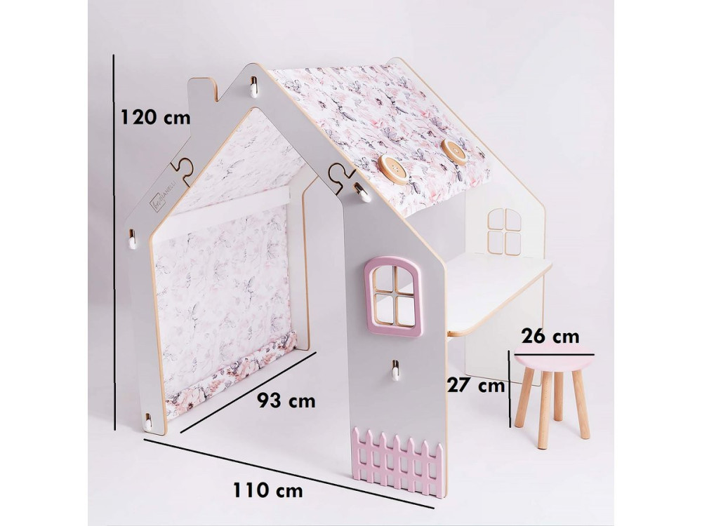 Houten speelhuisje met bureau krukje en led binnen "Bianelli" - 114 x 93 x 120 cm - Wit / Roze
