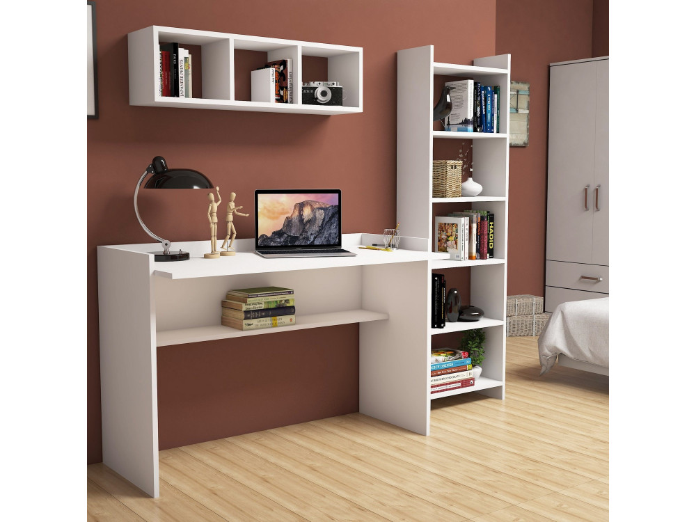 Hera" houten bureau met boekenkast en wandplank - 118 x 58 x 80 cm - Wit