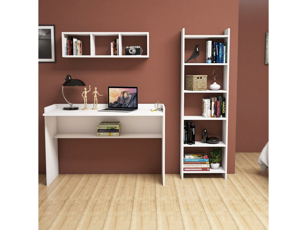 Hera" houten bureau met boekenkast en wandplank - 118 x 58 x 80 cm - Wit