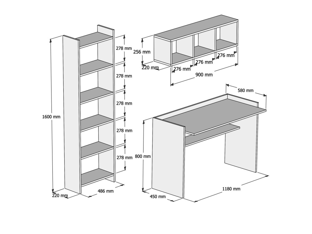 Hera" houten bureau met boekenkast en wandplank - 118 x 58 x 80 cm - Wit
