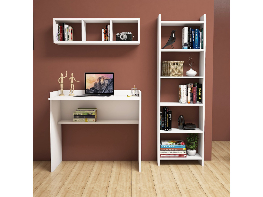 Houten bureau "Matilda" met boekenkast en wandplank - 90 x 58 x 80 cm - Wit