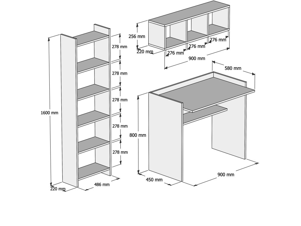 Houten bureau "Matilda" met boekenkast en wandplank - 90 x 58 x 80 cm - Wit
