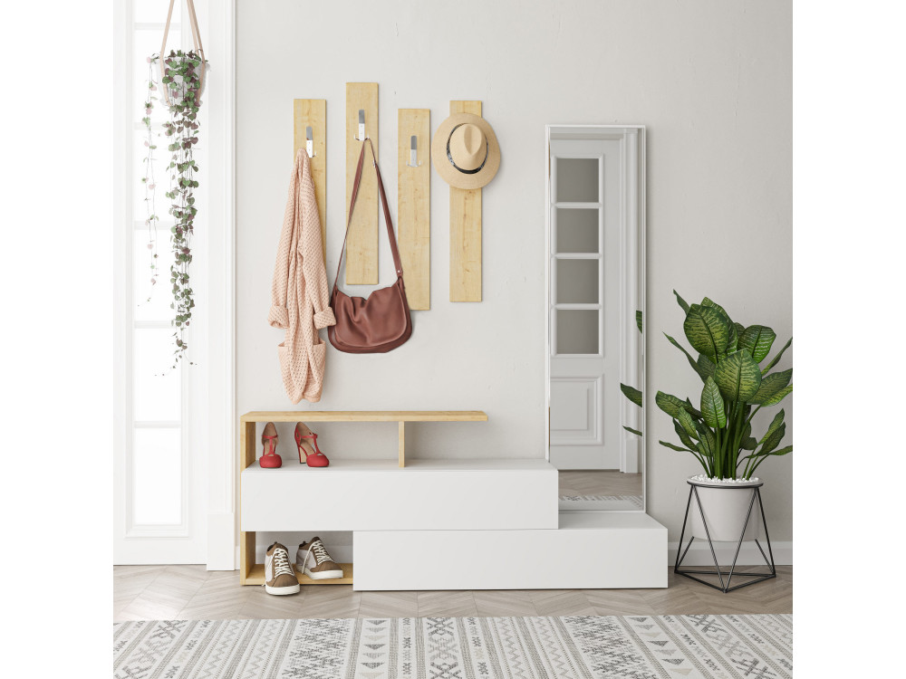 Halelement "Ramda" met houten spiegel - 137 x 35 x 154 cm - Beige