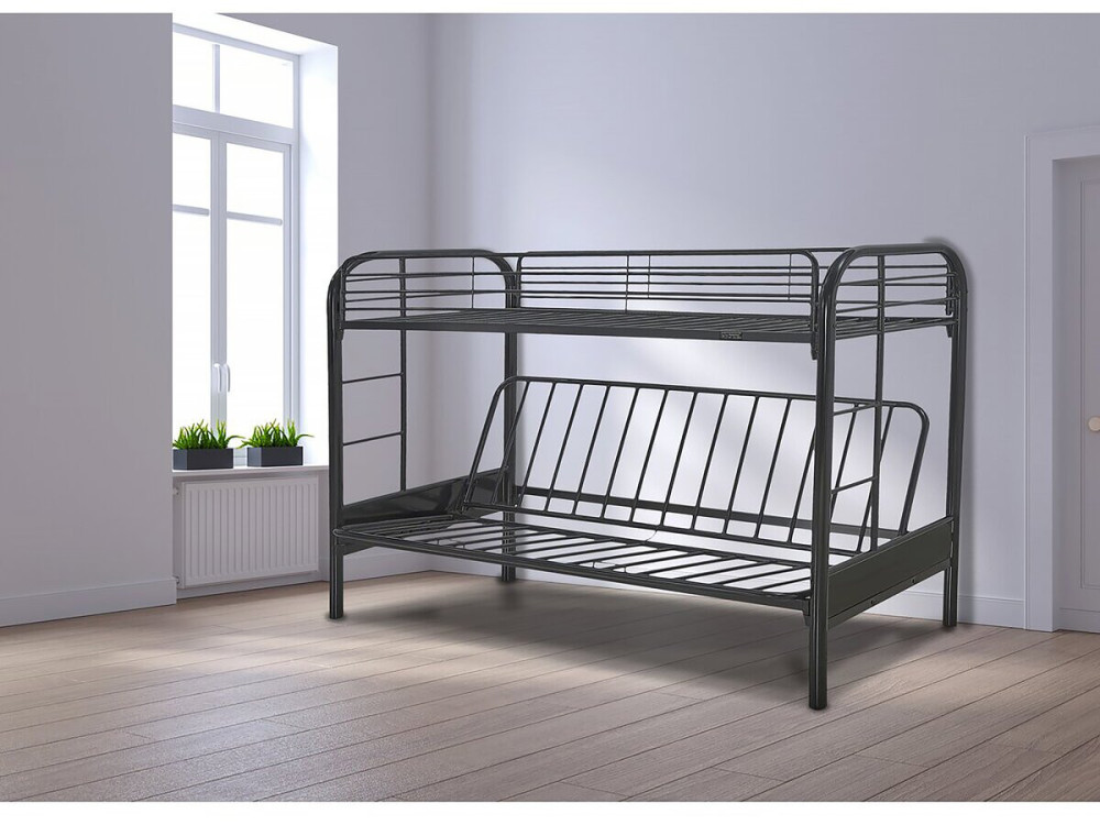 Stapelbed bank tweepersoonsbed en eenpersoonsbed metaal "Polo" inclusief lattenbodem - 90 x 190 cm - Zwart