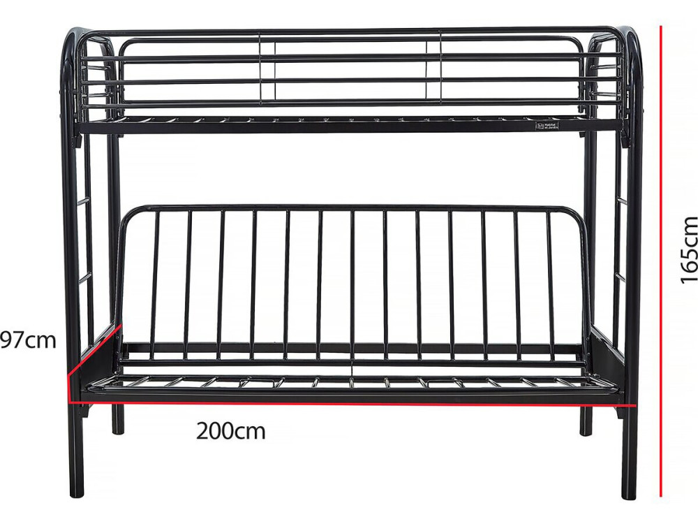 Stapelbed bank tweepersoonsbed en eenpersoonsbed metaal "Polo" inclusief lattenbodem - 90 x 190 cm - Zwart