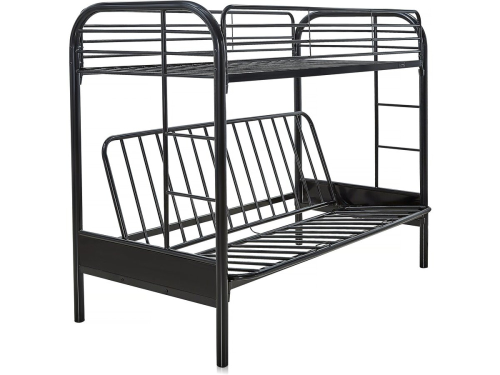 Stapelbed bank tweepersoonsbed en eenpersoonsbed metaal "Polo" inclusief lattenbodem - 90 x 190 cm - Zwart