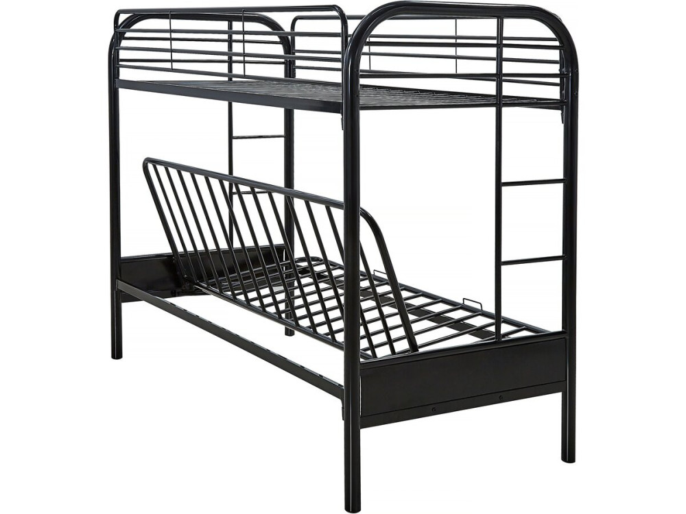 Stapelbed bank tweepersoonsbed en eenpersoonsbed metaal "Polo" inclusief lattenbodem - 90 x 190 cm - Zwart