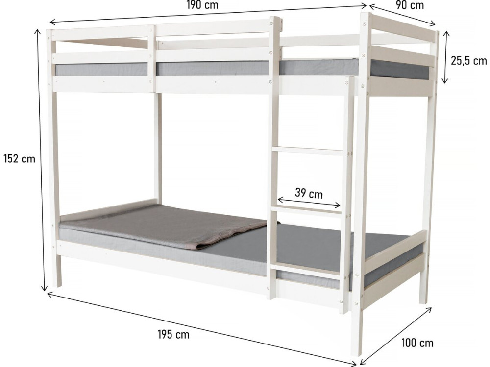 Stapelbed hout kinderbed bed 90 x 190 cm "Lionel"  - Wit