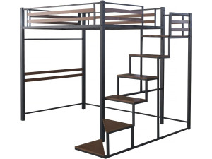 Metalen hoogslaper met trap "LENA" - 140 x 200 cm - Zwart en walnootbruin