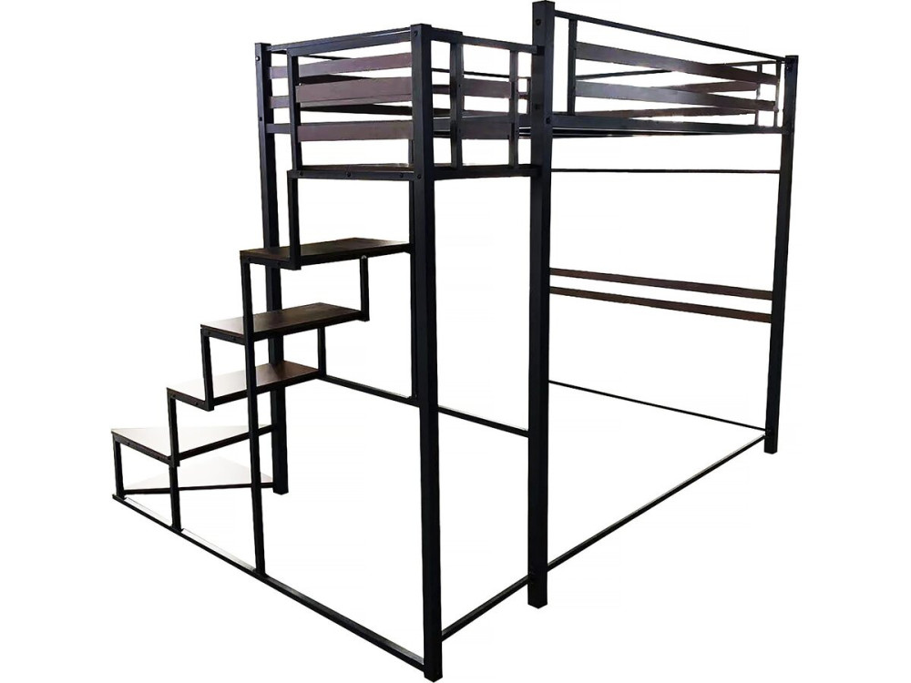 Metalen hoogslaper met trap "LENA" - 140 x 200 cm - Zwart en walnootbruin
