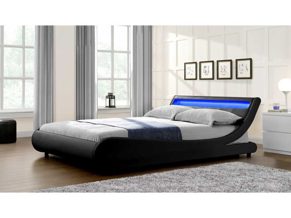 Tweepersoonsbed met led verlichting lattenbodem bed "Natacha" - 160 x 200 cm - Zwart