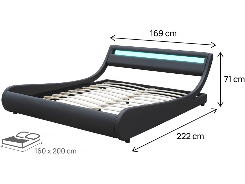 Tweepersoonsbed met led verlichting lattenbodem bed "Natacha" - 160 x 200 cm - Zwart