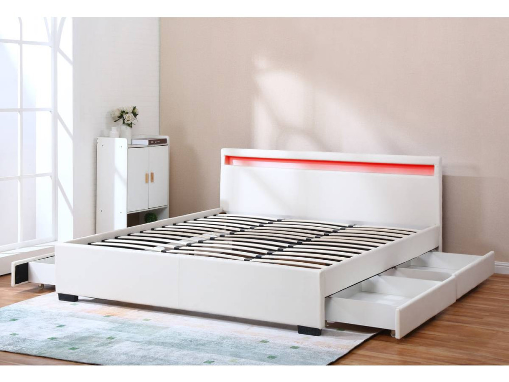 Tweepersoonsbed bed met 4 lades en led verlichting "Nico" - 180 x 200 cm - Wit