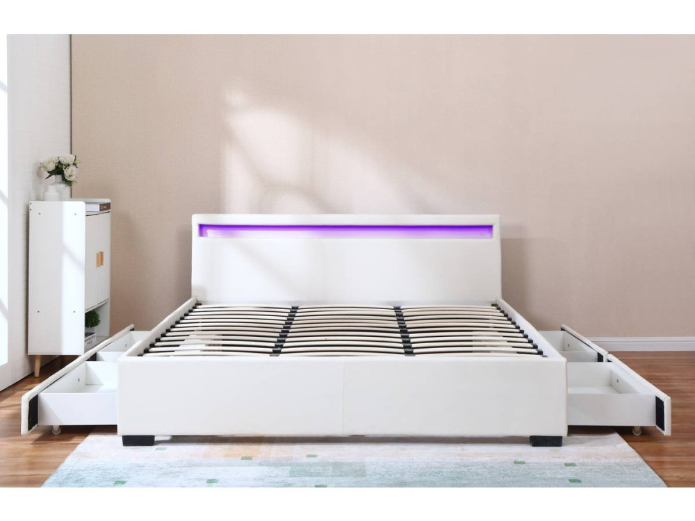 Tweepersoonsbed bed met 4 lades en led verlichting "Nico" - 180 x 200 cm - Wit