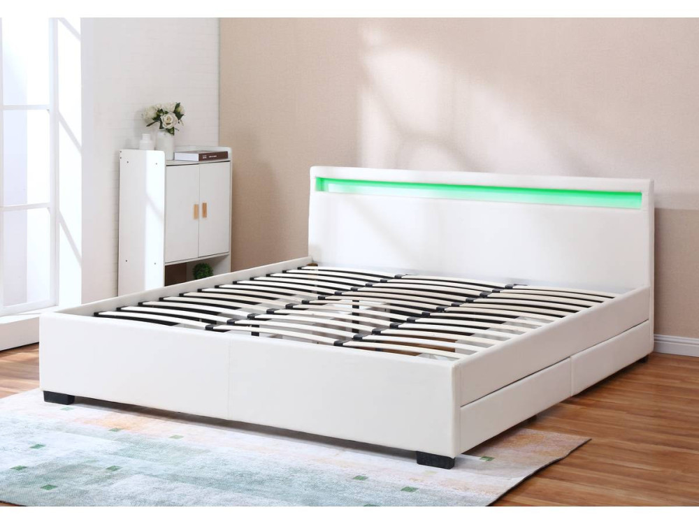 Tweepersoonsbed bed met 4 lades en led verlichting "Nico" - 180 x 200 cm - Wit