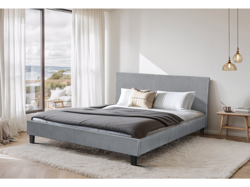 Tweepersoonsbed velours ribfluweel hoofdbord bed "Ambre" - 140 x 190 - Grijs