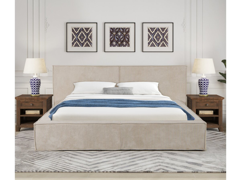 Tweepersoonsbed met opbergruimte bed met hoofdbord velours ribfluweel "Courchevel" - 160 x 200 cm - Beige - lichtbruin