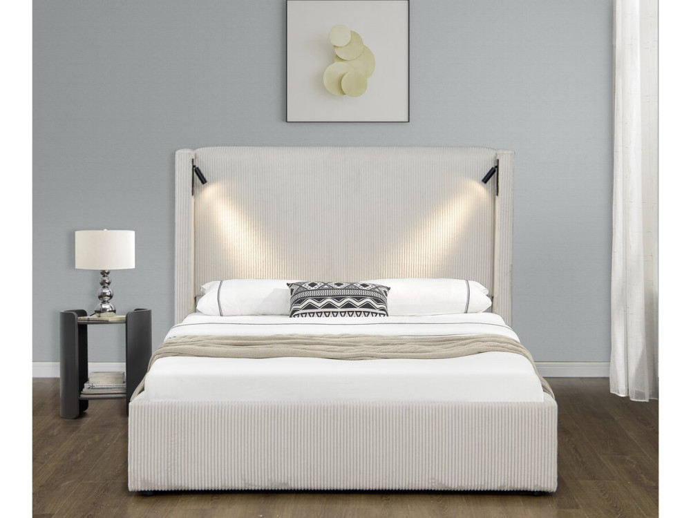 Tweepersoonsbed met opbergruimte en verlichting velours ribfluweel "Cortina" - 140 x 190 cm-  Beige - lichtbruin