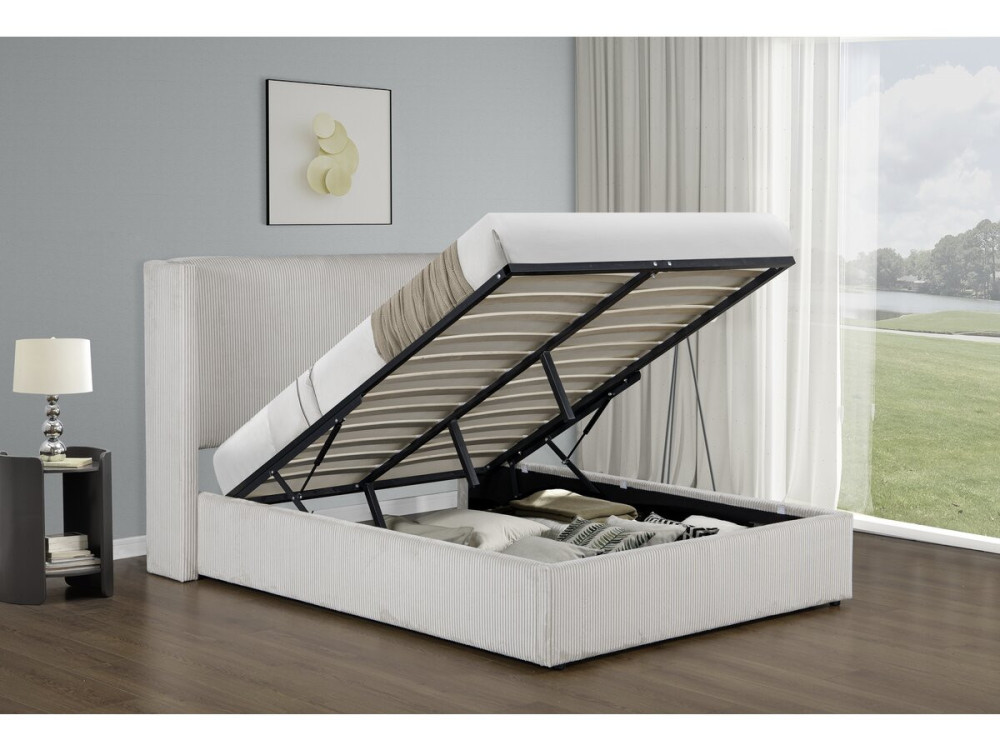 Tweepersoonsbed met opbergruimte en verlichting velours ribfluweel "Cortina" - 140 x 190 cm-  Beige - lichtbruin
