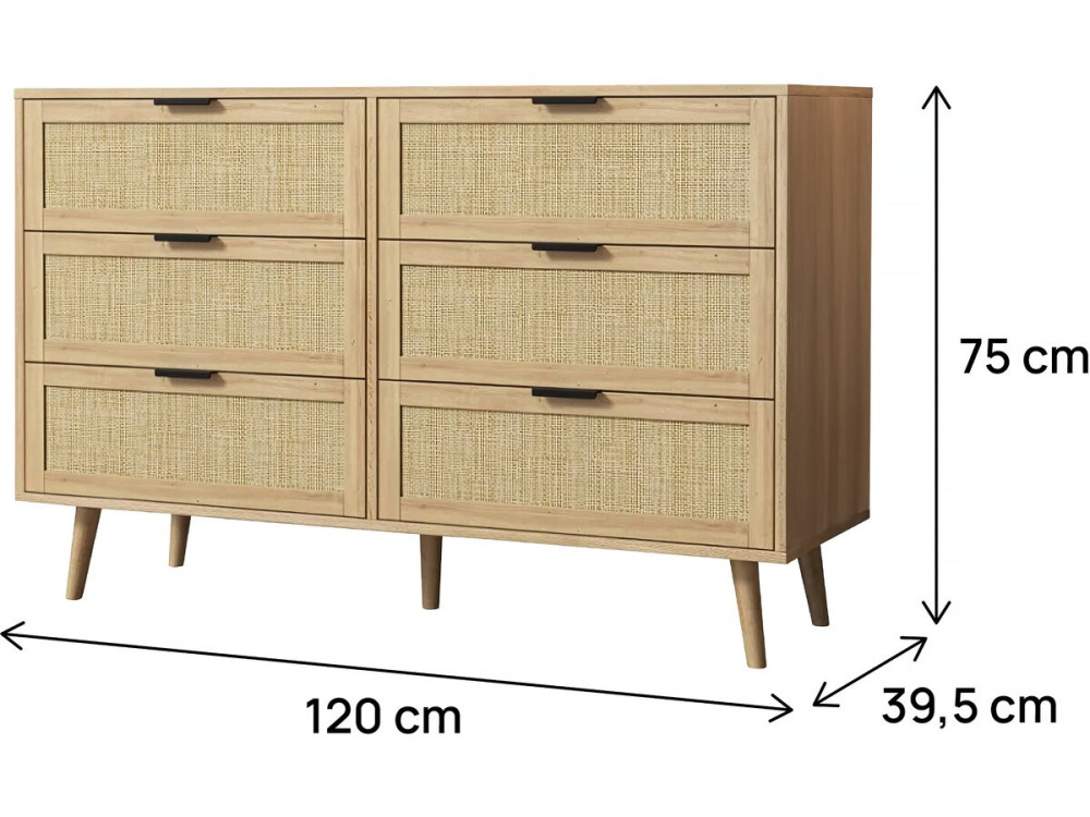 Preston" ladekast van hout en riet - 120 x 40 x 75 cm - Beige