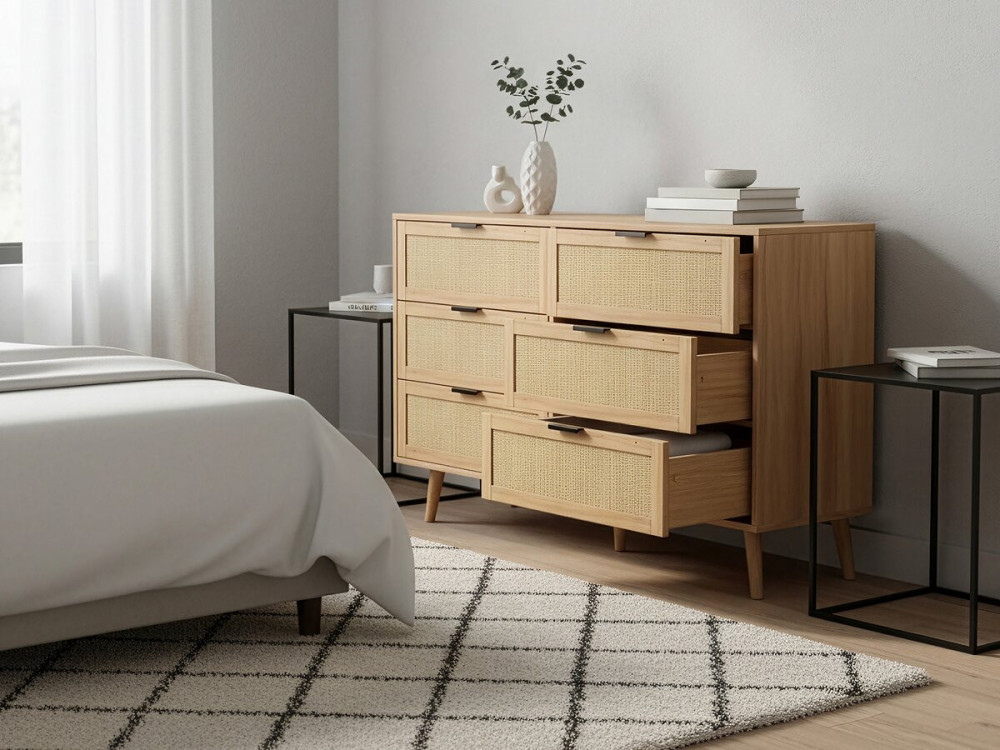 Preston" ladekast van hout en riet - 120 x 40 x 75 cm - Beige