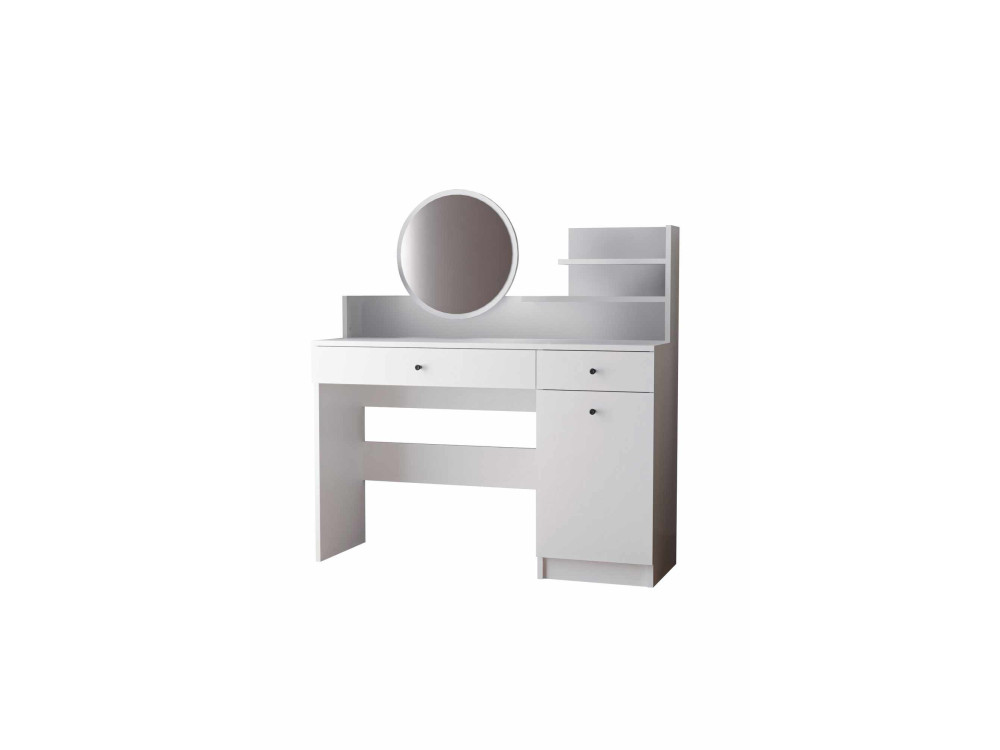 Kaptafel "Harmony Round" met ronde houten spiegel - 124 x 40 x 135 cm - Wit