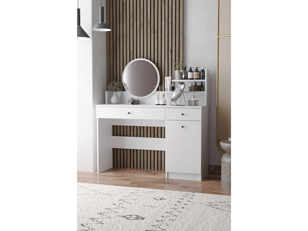 Kaptafel "Harmony Round" met ronde houten spiegel - 124 x 40 x 135 cm - Wit