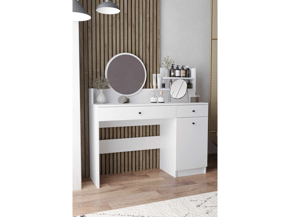 Kaptafel "Harmony Round" met ronde houten spiegel - 124 x 40 x 135 cm - Wit