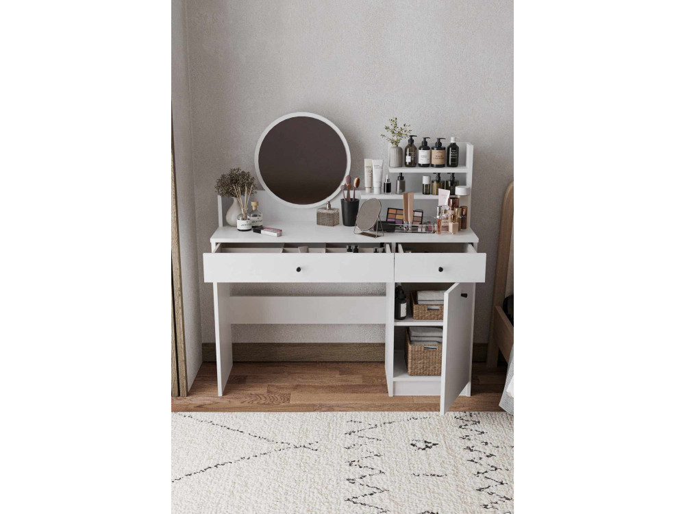 Kaptafel "Harmony Round" met ronde houten spiegel - 124 x 40 x 135 cm - Wit