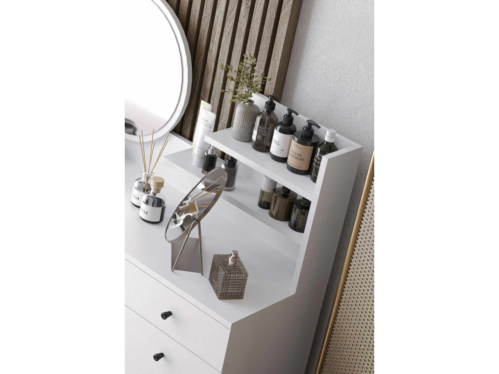 Kaptafel "Harmony Round" met ronde houten spiegel - 124 x 40 x 135 cm - Wit