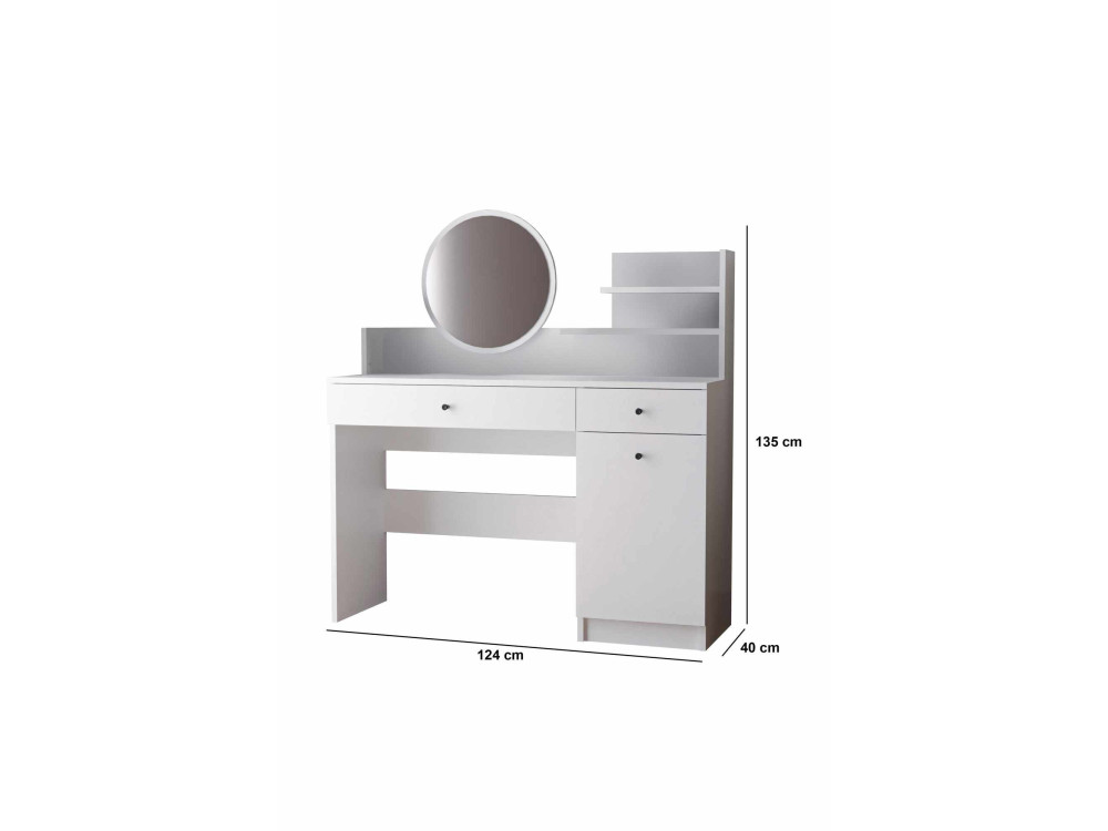 Kaptafel "Harmony Round" met ronde houten spiegel - 124 x 40 x 135 cm - Wit