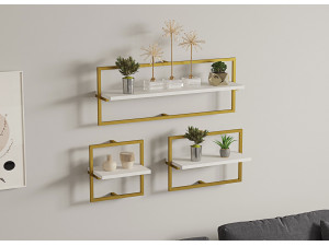 Houten wandplank "Yeso" - 80 x 20 x 30 cm - Wit, Goud 2